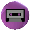 a purple button with a cassette tape on it