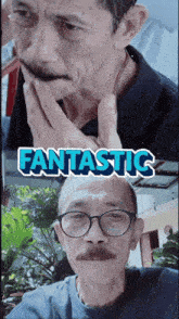a man with glasses and a mustache has fantastic written on the top of his face