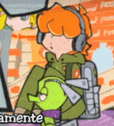 a cartoon character is wearing headphones and holding a green frog .