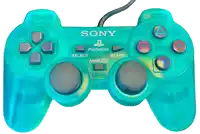 a blue sony playstation controller with buttons for select and analog
