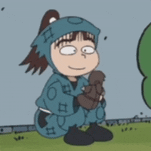 a cartoon character with a ponytail is kneeling down and holding something