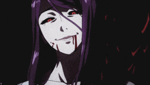 a cartoon character with purple hair and red eyes is smiling