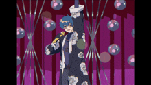 a cartoon character is singing into a microphone with bubbles in the background