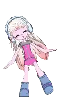 pixel art of a girl wearing headphones and a pink dress