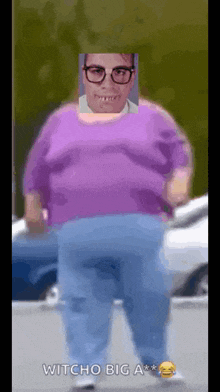 a cartoon of a man with glasses and a purple shirt that says witcho big a ***