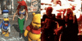a mermaid and a winnie the pooh standing next to each other on a street