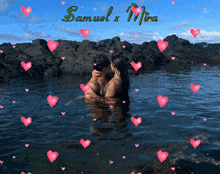 a couple kissing in the water with the words samuel x mira above