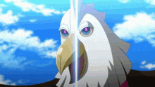 a cartoon eagle with a sword in its beak against a blue sky