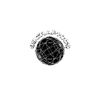 a black and white drawing of a globe with a pentagram in the center on a white background .