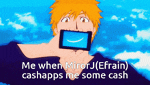 a cartoon of a man holding a cell phone with a smile on it