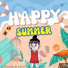 a cartoon girl is standing on a beach with the words happy summer behind her
