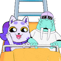 a cartoon of a cat and a walrus riding a roller coaster
