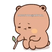 a cartoon teddy bear is holding a plant in its paws and says `` miss you @ kryzel '' .