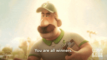 a cartoon character says you are all winners while holding a clipboard