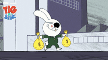 a cartoon of a rabbit carrying two bags of money with the words tig in seek on the bottom