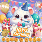 a hamster with a party hat is holding a sign that says happy birthday