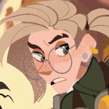 a close up of a cartoon character with glasses and a ponytail