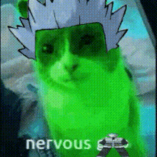 a green cat wearing a white hat with the words nervous written on it