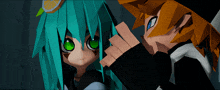 a girl with green eyes and a boy with orange hair