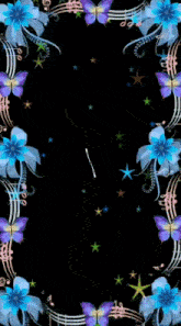 a black background with blue flowers , butterflies , and music notes .