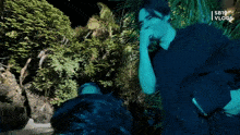 a man in a black shirt is standing in front of trees with sb10 vlog written on the bottom right