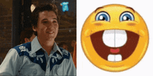 a man in a cowboy shirt smiles next to a smiley face
