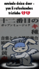 a cartoon of a rabbit with a halo on its head and a broken heart in the background