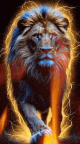 a painting of a lion surrounded by lightning and fire