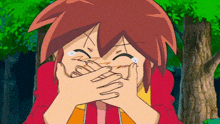 a cartoon character is covering her mouth with her hands