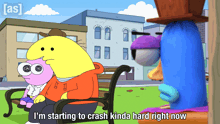 a cartoon character is sitting on a bench and says i 'm starting to crash kinda hard right now