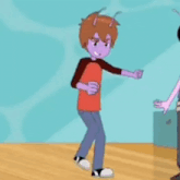 a cartoon character with purple hair is standing on a wooden floor with his arms outstretched .
