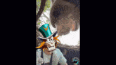 a cartoon character wearing a top hat and glasses looks at a bear