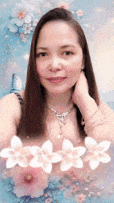 a woman wearing a necklace is surrounded by pink flowers