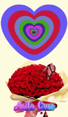 a bunch of red roses next to a heart with the name anita cruz