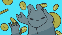 a cartoon drawing of a rabbit surrounded by gold coins with the number 1 on them