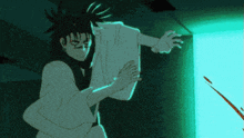 a man in a kimono is holding a towel in a dark room