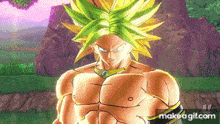 broly from dragon ball z is a very muscular man with a green and yellow hair style .