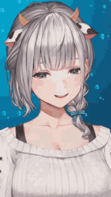 a girl with a braided ponytail and horns on her head