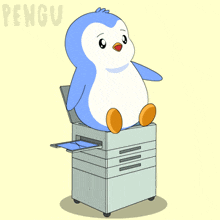 a penguin is sitting on top of a printer and the word pengu is on the bottom right