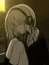a black and white drawing of a girl wearing headphones and listening to music .