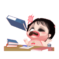 a cartoon girl is sitting at a desk with a blue book in her mouth