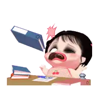 a cartoon girl is sitting at a desk with a blue book in her mouth