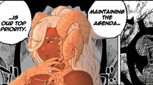 a cartoon of a woman with horns and a speech bubble that says `` maintaining the agenda '' .