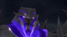 a purple cartoon character with sharp teeth and a purple light behind him