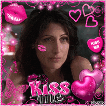 a picture of a woman with pink hearts and a kiss me candy
