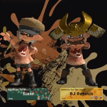 a video game character with the name sixer on the bottom