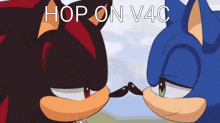 shadow the hedgehog and sonic the hedgehog are kissing with the words hop on v4c below them