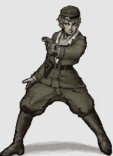 a drawing of a man holding a gun with a arrow pointing to his head