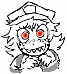 a black and white pixel art drawing of a cartoon character with purple eyes .