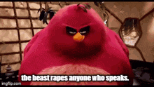 a red angry bird from the movie angry birds is sitting on a man 's lap .